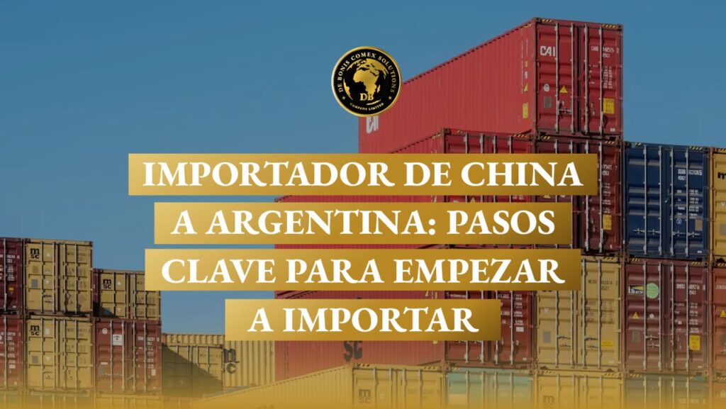 Contenedores marítimos apilados y un logo empresarial sobre fondo azul, ilustrando los pasos clave para ser Importador de China a Argentina.